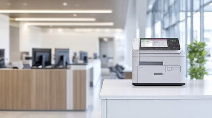 Modern office printer sits on desk,  busy background, document workflow