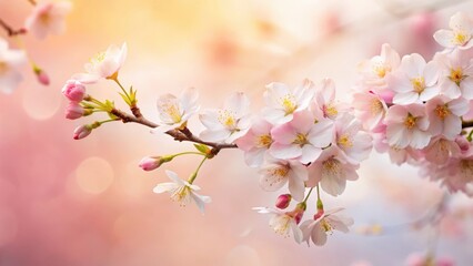 Cherry blossom branch on a white background with soft pink and yellow hues