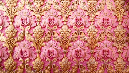 ピンク色と金色のダマスク柄の壁紙背景素材。AIで生成	