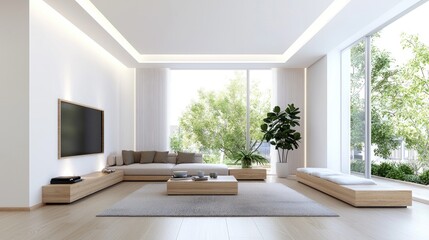 Fototapeta premium Modern minimalist living room design, bright sunlight, city view, for interior design inspiration