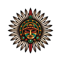 Design a sophisticated logo featuring a richly decorated Aztec sun god mask, incorporating intricate details and vibrant colors.