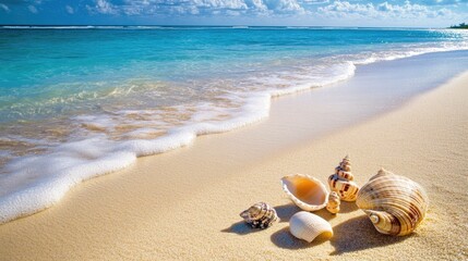 Obraz premium Serene beach with seashells on sandy shore under blue sky and ocean waves