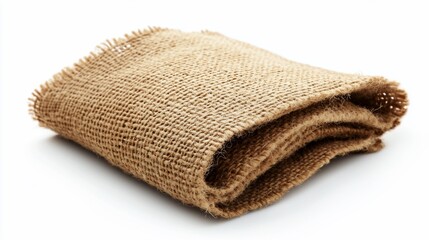 Folded burlap fabric on white background, studio shot, crafting texture