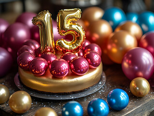 15th Birthday Celebration Concept with Balloons, Cake, and Number 15