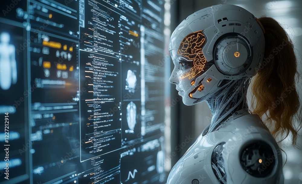 Poster human robots observe screens featuring health big data network connections with a background of scie