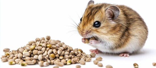 Hamster eating seeds on white background