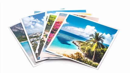 Fototapeta premium Tropical vacation photos displayed, showcasing beach, ocean, and island scenery; ideal for travel agency advertising