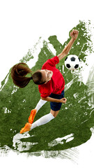 Contemporary art collage. Female soccer player wearing sportswear, executing powerful header,...