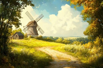Fototapeta premium landscape with a windmill, old village