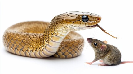 Fototapeta premium Snake hunting mouse, studio, white background, wildlife