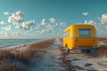Illustration of a retro yellow van parked on a sandy beach, framed by a blue ocean and a partly cloudy sky, embodies the theme of summer adventure