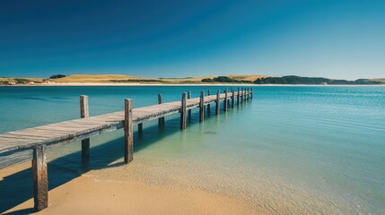 Obraz premium Serene wooden pier overlooking tranquil ocean with clear blue sky. Vacation, wallpaper