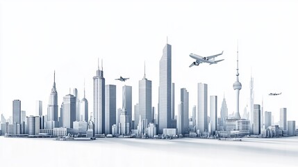Obraz premium Airplane flying over modern city skyline; global travel concept