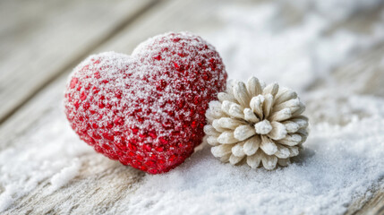 Fototapeta premium Heart shaped berry and pine cone on snowy wooden surface