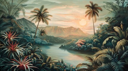 A vibrant tropical haven featuring a flowing river, lush greenery, colorful flowers, palm trees, and majestic mountains under a partly cloudy sky, capturing serene natural beauty.