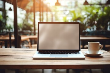 Modern laptop computer showing blank screen and cup of coffee on a wooden table in a cafe with natural lighting