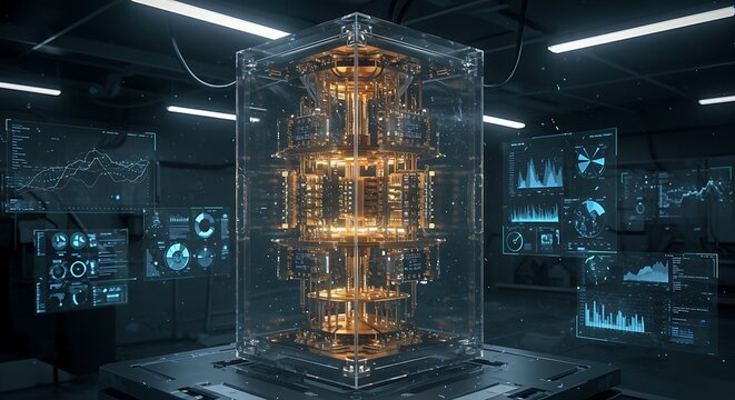 A transparent quantum computer mockup with glowing, floating circuitry inside, suspended in a zero-gravity lab filled with holographic data streams and futuristic tools, ultra-photorealistic