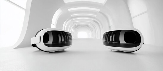 VR headsets in futuristic white hallway