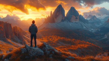 Fototapeta premium A person stands atop a mountain at sunrise, bathed in the vibrant sun flare, amidst the captivating beauty of the Swiss, French, and Italian Alps. This scene embodies adventure and breathtaking