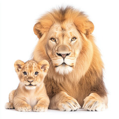 Obraz premium Adult male lion and young cub posing together, majestic wildlife portrait