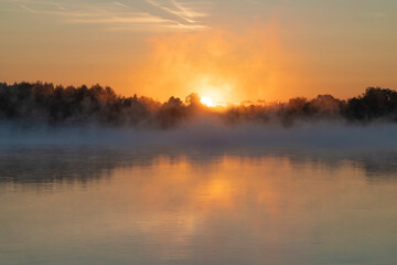 A colorful September sunrise on the Oka River. Surroundings of Murom. Vladimir region, Russia