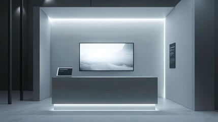Empty modern reception desk in dark office.