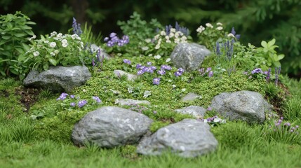 Spring garden rocks flowers, green grass background