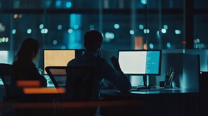 Two people working late at night in a modern office with city view lights