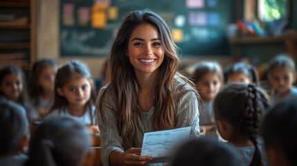 Obraz premium Smiling Teacher with Students in Classroom