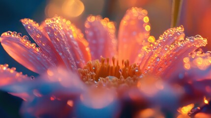 Dew Drops Adorn Pink Flower Petals In Warm Light