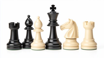 Studio-shot chess pieces, white background, strategic game setup