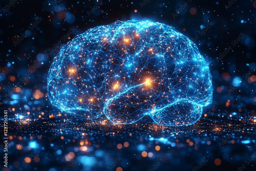 Poster conceptual image of machine learning technology, showing a side view of a brain enveloped in a neura