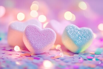 Obraz premium Pink, blue glitter heart marshmallows, bokeh lights, confetti. Valentine's Day card