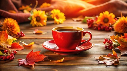 A warm red tea cup with a matching saucer on a wooden table, surrounded by autumn leaves and flowers, in a cozy living room setting , nature background, teacup