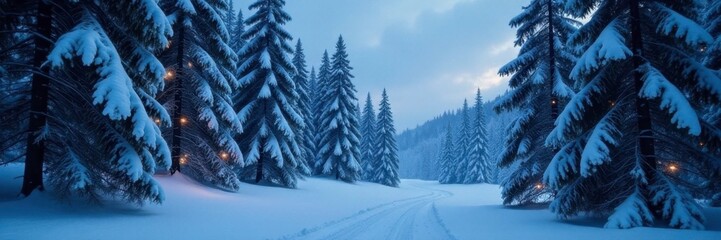 Fototapeta premium Snow-covered forest landscape with towering trees and twinkling lights, peaceful landscape, trees, serene atmosphere