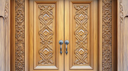 Fototapeta premium Ornate wooden double doors, carved detail, building exterior, daytime