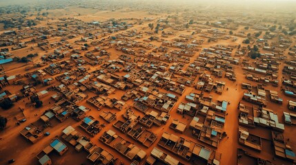 Aerial view of desert village, sunrise, Africa, development
