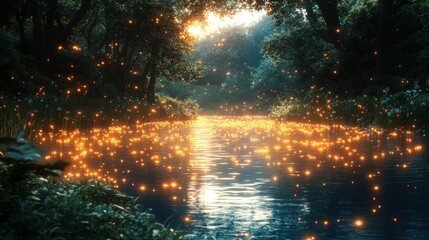 Enchanted Forest River Filled with Glowing Fireflies and Reflections during a Serene Twilight Evening