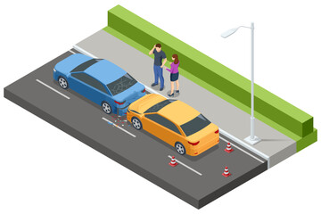 Isometric Car crash. A yellow and blue car involved in a fender bender near a residential area. A couple stands nearby, discussing the situation.