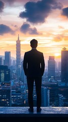 A business executive standing in front of a city skyline, representing a successful startup