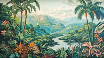 A vibrant tropical haven featuring a flowing river, lush greenery, colorful flowers, palm trees, and majestic mountains under a partly cloudy sky, capturing serene natural beauty.