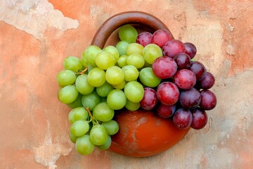 Colorful still life arrangement with green and red grapes in a clay pot against a textured wall background