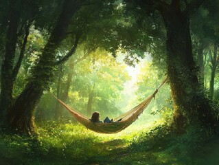 Relaxing in a hammock serene forest nature scene peaceful environment tranquil viewpoint escape into nature
