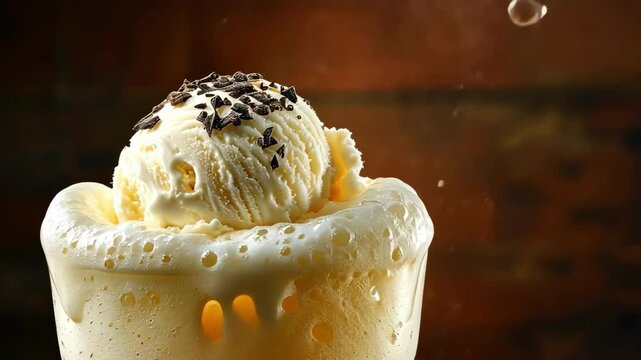 A delicious ice cream soda served in a frosty glass