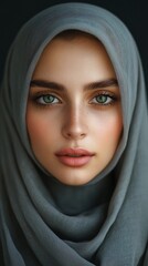 Naklejka premium A close-up portrait of a woman with green eyes and full lips wearing a gray hijab.