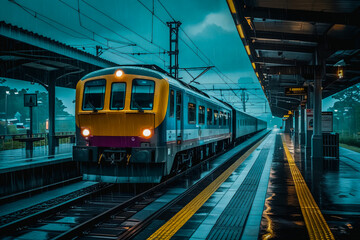 Fototapeta premium A train approaching a station on a rainy day, moving on rain-soaked tracks, with the platform on the right side of the image. 
