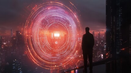 A man stands on a ledge looking out over a city