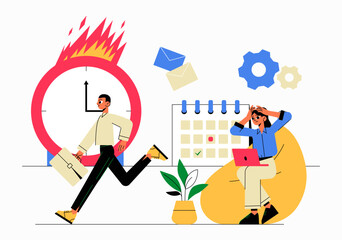 Man Running With Briefcase And Woman Stressed With Laptop In Flat Vector Illustration Symbolizing Time Management, Deadlines, And Work Pressure, Isolated On White Background