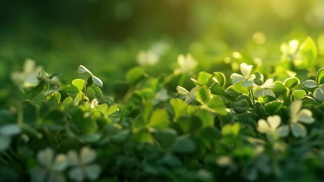 Green clover background with shamrock petals in warm sunlight rays , close-up, smooth camera zoom.