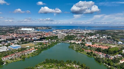 Hanseatic city of Wismar in Germany from the air in summer